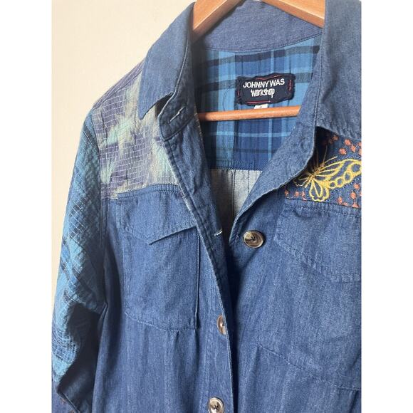 Johnny Was Sz Medium Moonlight Denim Blue Tie-Dye Patchwork Shirt Jacket - Picture 5 of 9